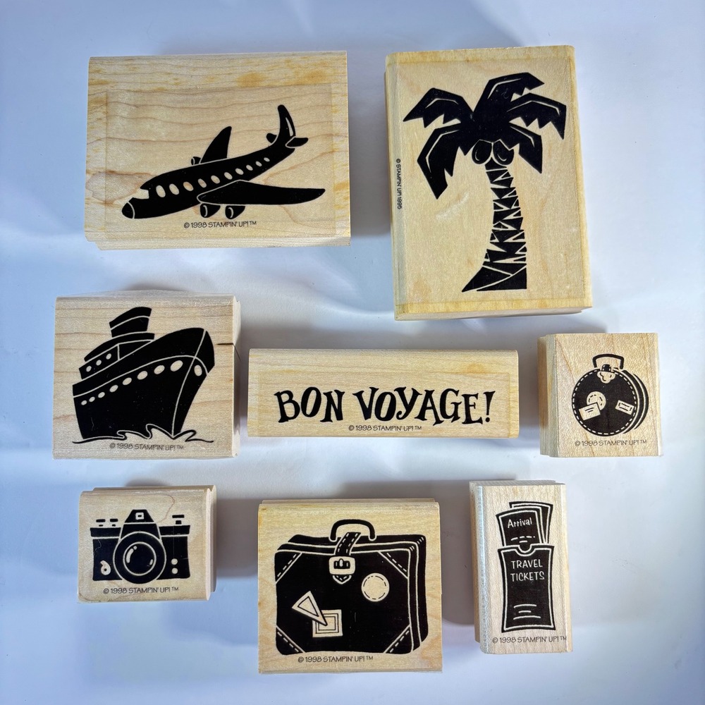 Stampin' Up Travel Vacation Wood Mounted Rubber Stamps Set 8 Camera Luggage Vtg